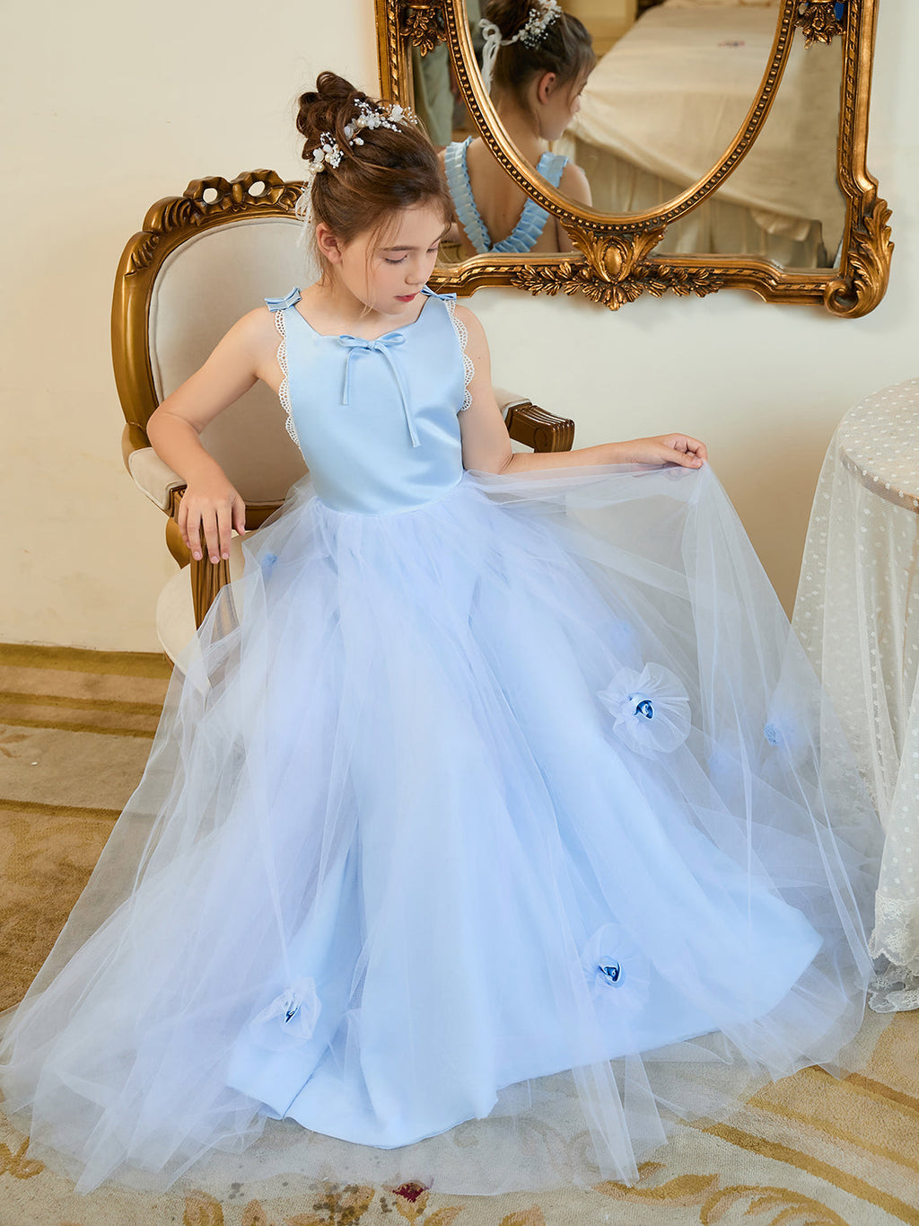 Vestido de niña de las flores azul con cola de tul estilo princesa/baila de baile 