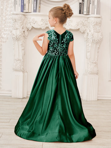 Vestido de niña de las flores de corte A, de satén y encaje, hasta el suelo 