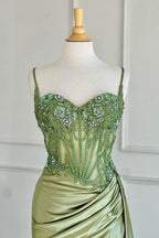 Trendy Silver Spaghetti Straps Satin Mermaid Long Corset Prom Dress with Appliques