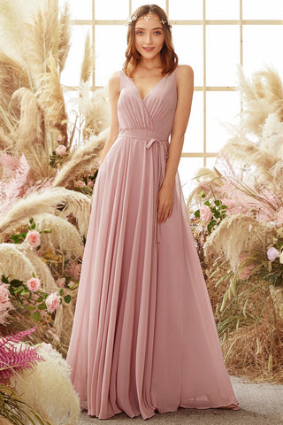 Robe de demoiselle d'honneur longue en mousseline rose poudré à col en V
