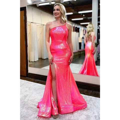 Vestido de fiesta único de lentejuelas brillantes con un solo hombro y abertura 