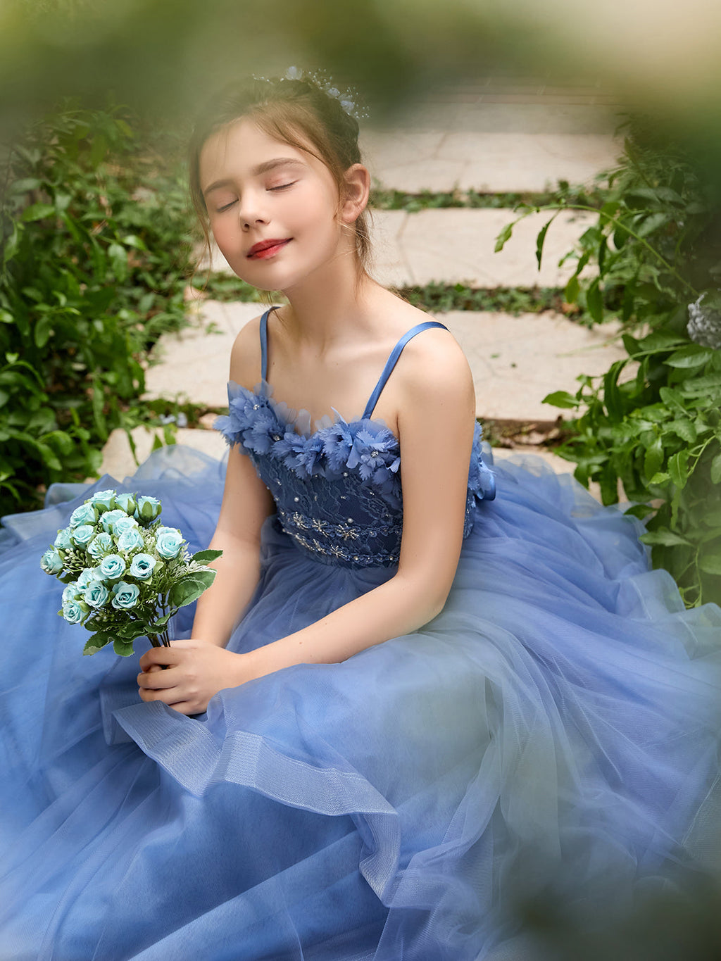Vestido de niña de las flores de tul sin mangas, corte princesa, azul pizarra, corte en A, estilo princesa 