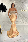 Robe de bal sirène longue à épaules dénudées en satin et perles