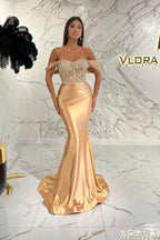 Robe de bal sirène longue à épaules dénudées en satin et perles