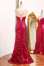 Robe de bal longue sirène violette scintillante à fines bretelles et fente