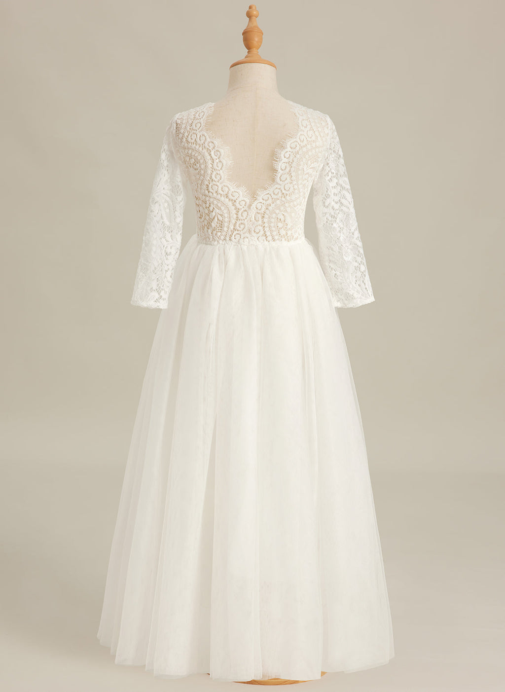 Vestido de niña de las flores de tul, manga larga, corte línea A, encaje blanco angelical 