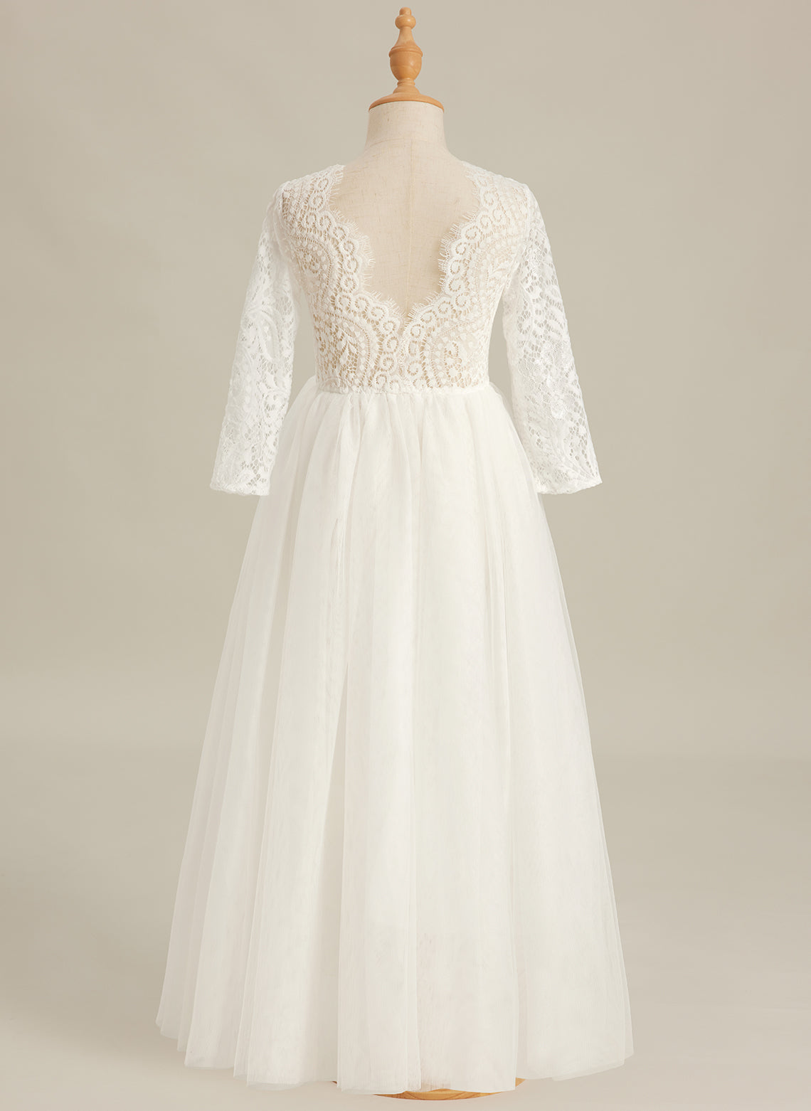 Vestido de niña de las flores de tul, manga larga, corte línea A, encaje blanco angelical 