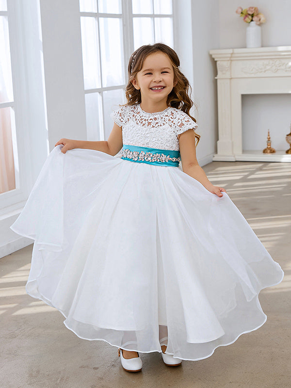 Vestido de niña de las flores color marfil, corte en A, de organza de encaje, hasta el tobillo 