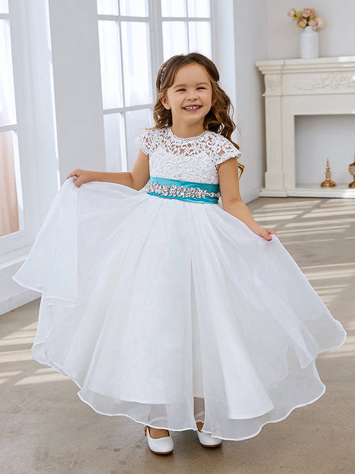 A-line Lace Organza Ankle-length Ivory Flower Girl Dress