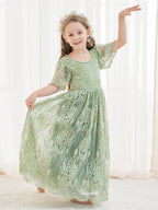 Vestido verde de tul y encaje de corte A hasta el tobillo (2003227593) 