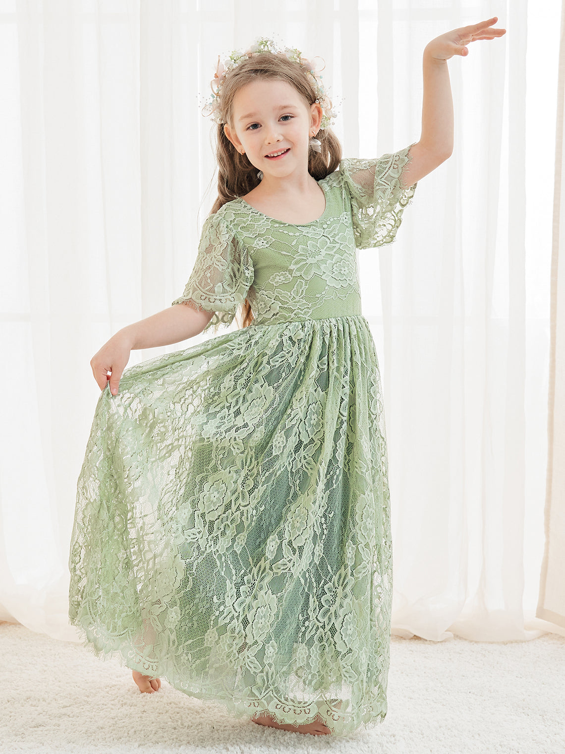 Vestido verde de tul y encaje de corte A hasta el tobillo (2003227593) 
