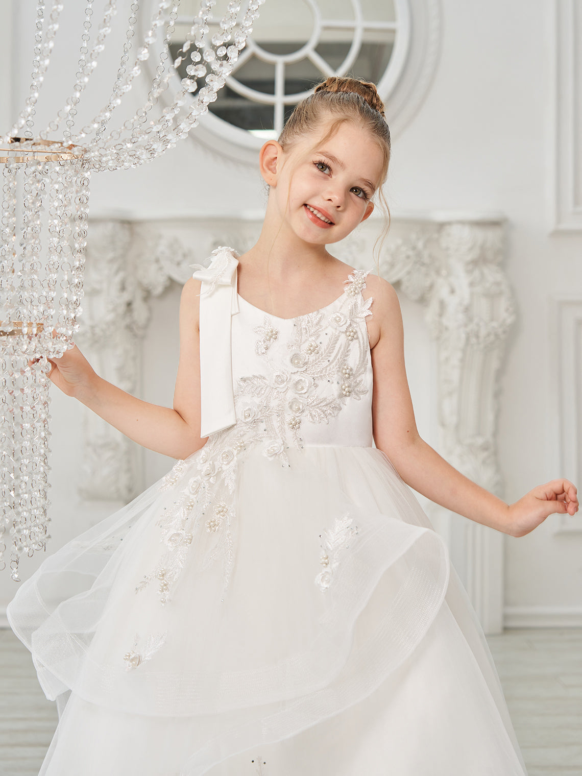 Vestido de princesa/vestido de tul hasta el suelo para niña de las flores de la primera comunión 
