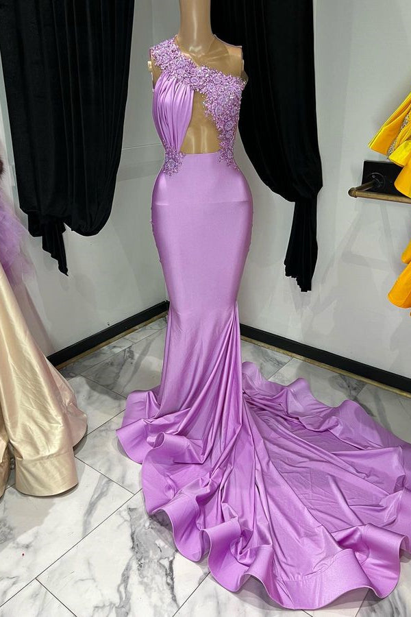 Elegante vestido de graduación de sirena morado con un solo hombro y diseño sin mangas
