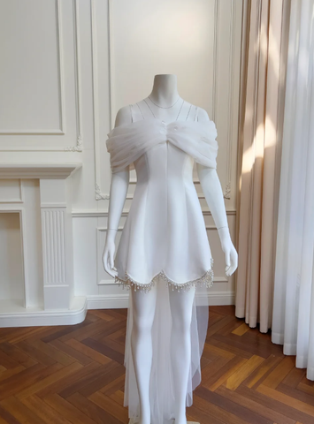 Robe de bal de fin d'année en satin et tulle blanc à épaules dénudées, mini-robe de soirée Y8585