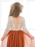 Vestido de niña de las flores de tul, manga larga, corte línea A, encaje blanco angelical 