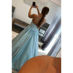 Vestido de fiesta largo de corte A con escote en forma de corazón, sin tirantes y brillante, con bolsillos