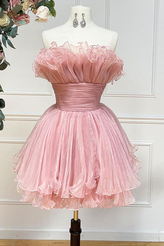 Chic Fuchsia Strapless A Line Short Homecoming Dress with Ruffles