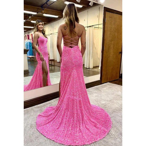 Vestido de noche largo con escote en forma de corazón, tirantes finos y lentejuelas, con abertura