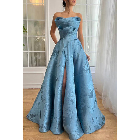 Satin A-line Strapless Appliques with Side Slit Party Prom Evening Dress