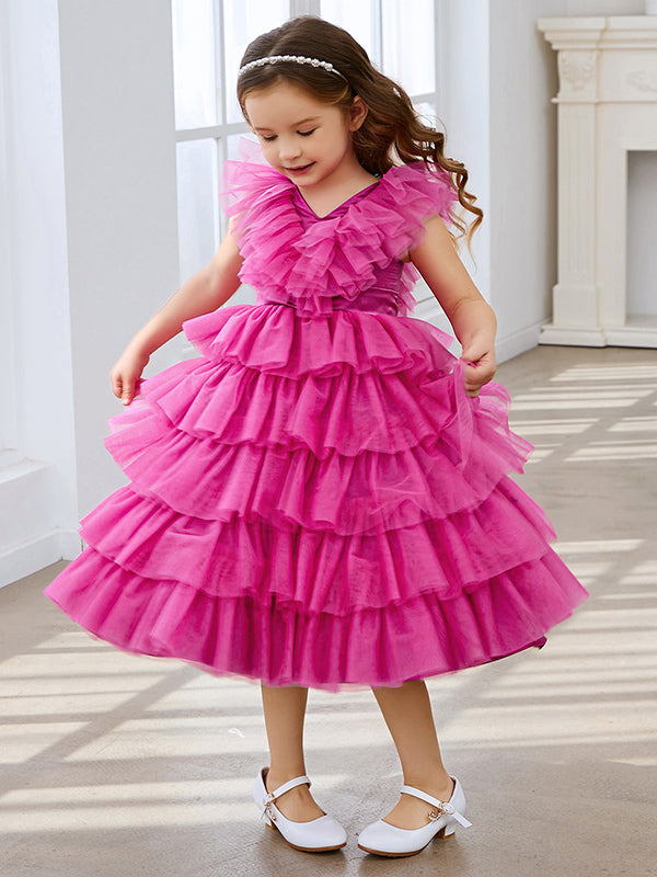 Vestido de princesa rosa estilo princesa, sin mangas, de tul y con volantes para niña de las flores 