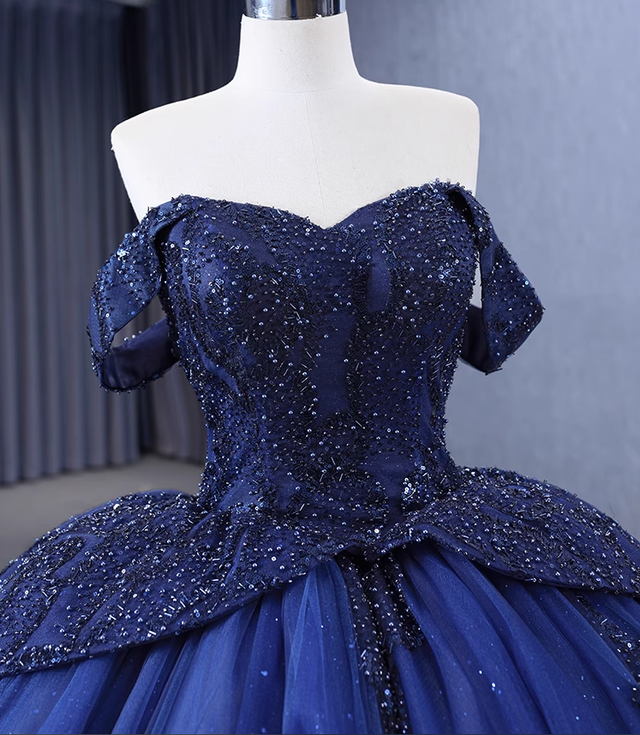 Robe de bal luxueuse en tulle bleu marine à sequins et perles, épaules dénudées, Y7681