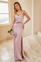Vestido largo de dama de honor gris y rosa con tirantes finos