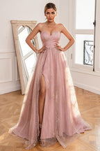 Robe de bal longue rose poudré à paillettes avec fente