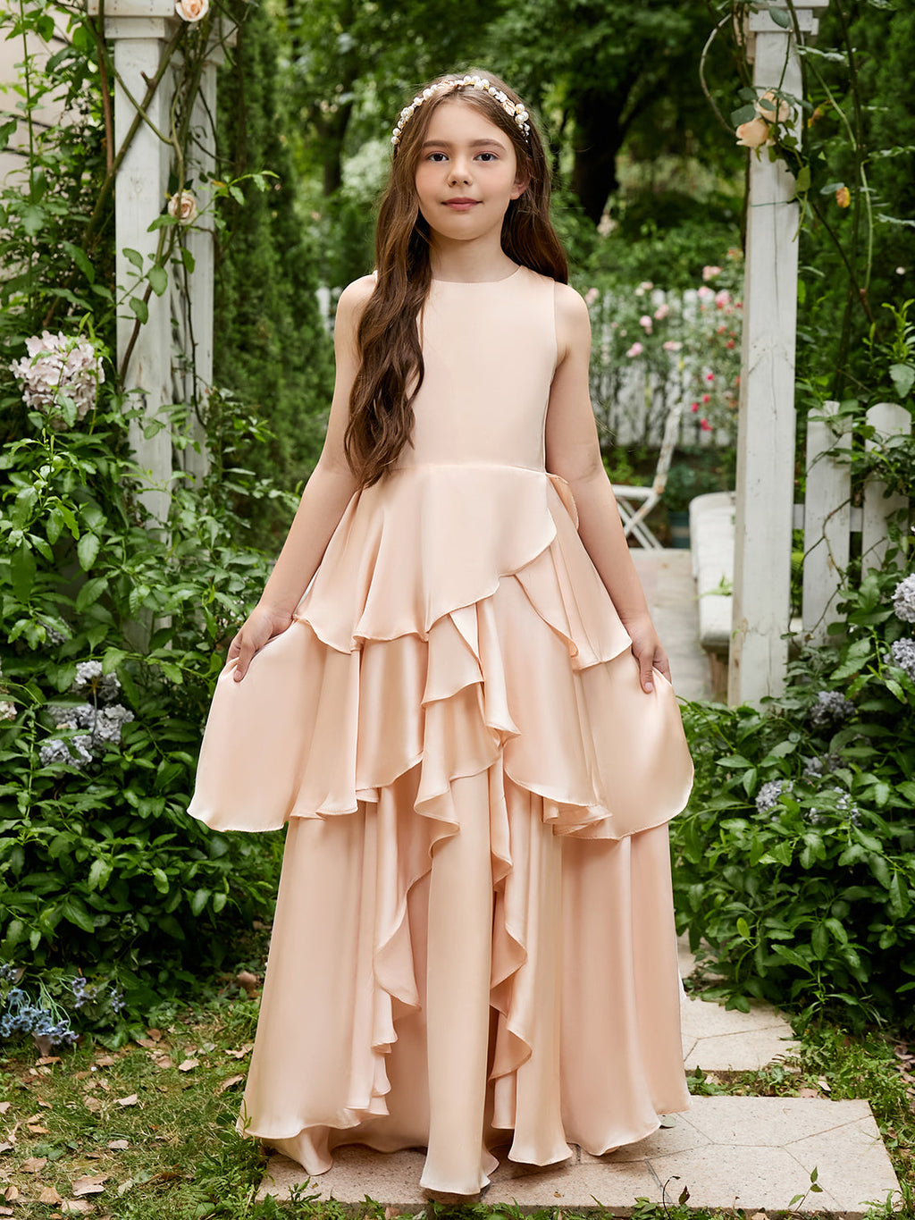 Vestido de niña de las flores de corte A, de gasa color melocotón claro hasta el suelo 