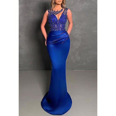 Satin Round Sleeveless Beaded Pleats Party Prom Evening Dress