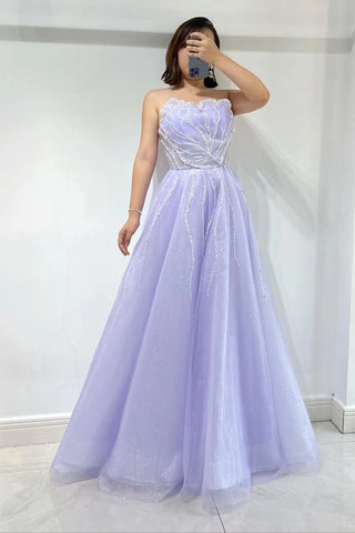 Strapless Lilac  A-Line Tulle Prom Dress With Sequins Beads