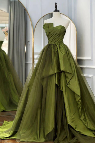 A Line Asymmetrical Straples Green Long Prom Dress with Ruffles