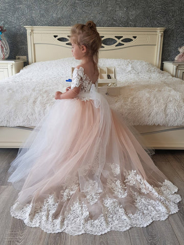 Precioso vestido de niña de las flores de tul y encaje con apliques para bodas y fiestas.