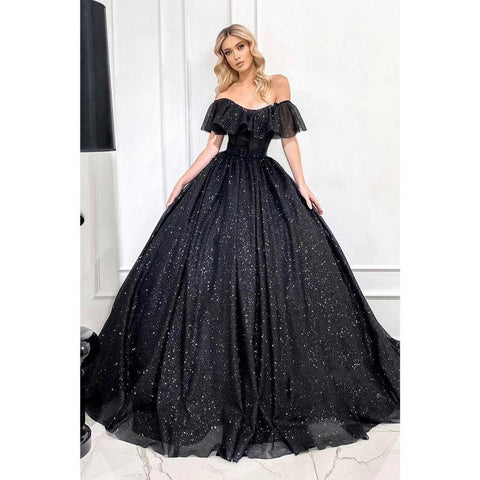 Unique Off The Shoulder Black Sparkly Prom Ball Gown