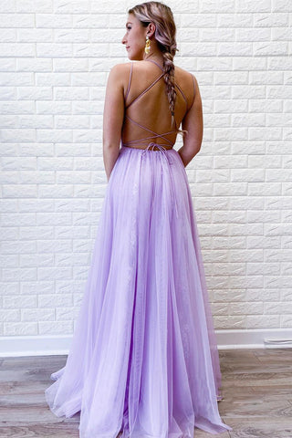 Robe de bal en tulle violet clair avec dentelle