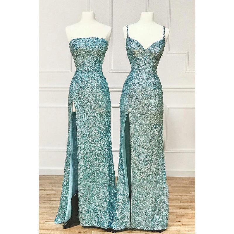 Vestido de fiesta largo con lentejuelas y abertura en forma de columna 