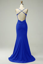 Mermaid Spaghetti Straps Dark Green Long Prom Dress with Appliques