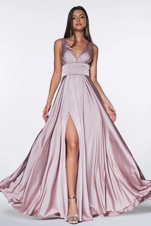 Robes de soirée longues simples à col en V et fente latérale