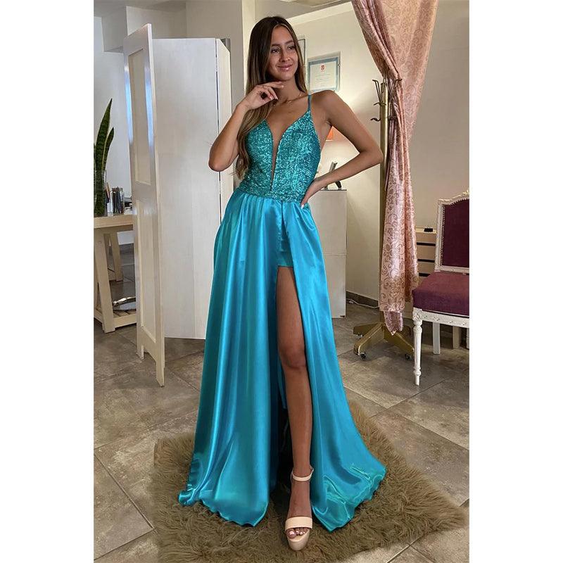 Plunging V-neck Detachable Train Prom Homecoming Dress with Slit