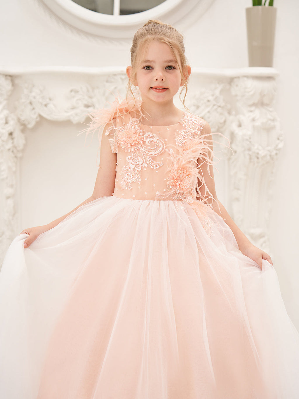 Vestido de princesa rosa para niña de las flores, estilo gala/con cola de tul. 
