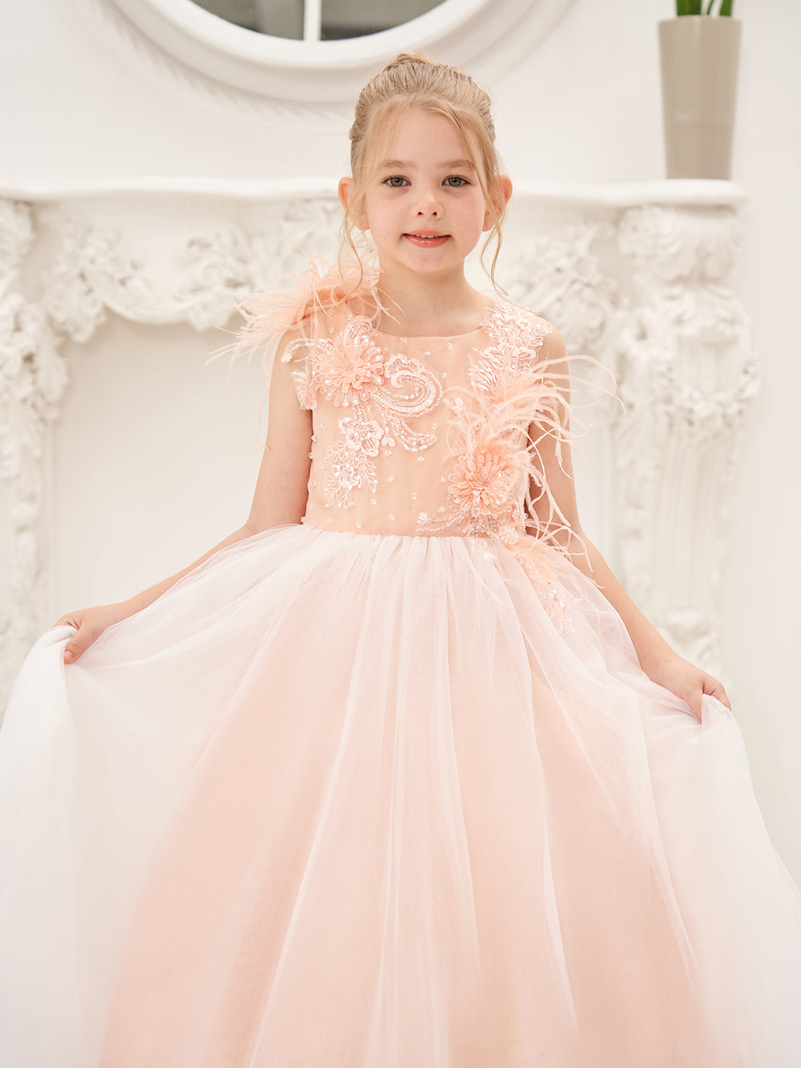 Vestido de princesa rosa para niña de las flores, estilo gala/con cola de tul. 