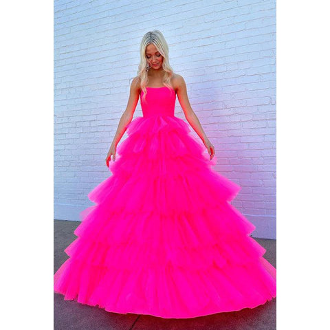 Robe de bal longue en tulle rose vif sans bretelles