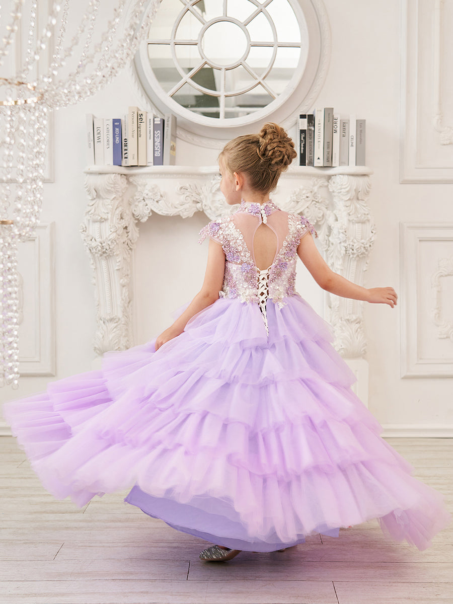 Vestido de princesa de tul lila con apliques florales y pedrería para niñas 