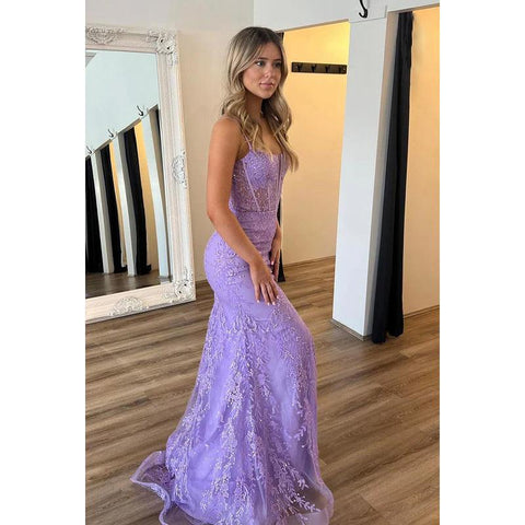 Elegant & Luxurious Spaghetti Straps Side Slit Mermiad Backless Applique Prom Dress