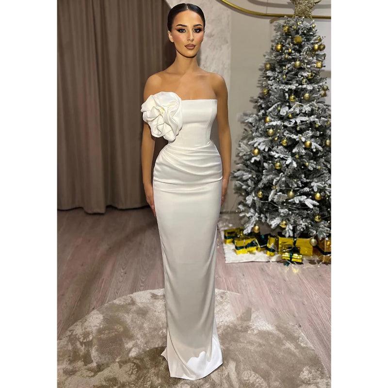 Robe de soirée longue et simple à fleurs, fourreau/colonne, sans bretelles, blanche 