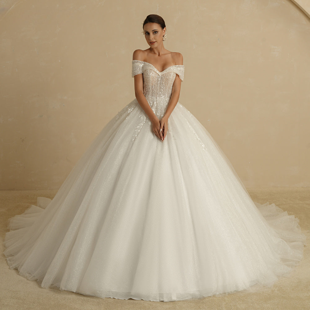 Robe de mariée princesse ivoire ornée de perles, épaules dénudées, sans manches, à paillettes, style bal de princesse 