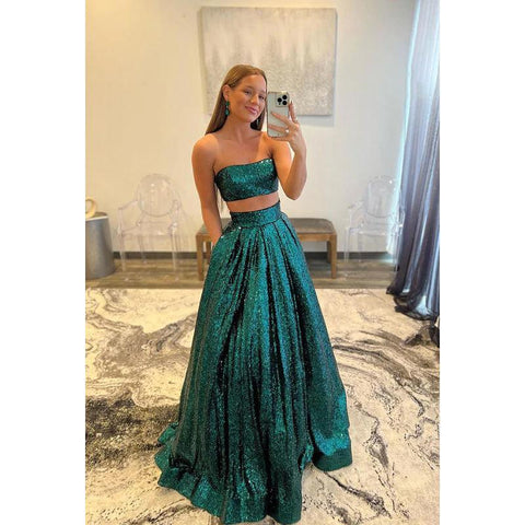 Vestido largo de fiesta de corte A con lentejuelas sin tirantes