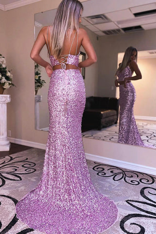 Two Piece Light Blue Sequins Mermaid Prom Dress with Slit