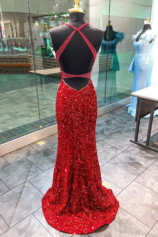 Robe de bal longue sirène rouge à sequins, décolleté plongeant en V et dos nu