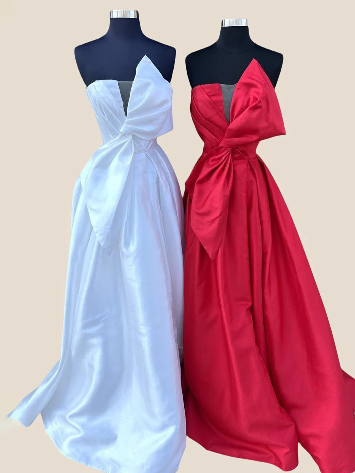 Edgar | Robe de soirée longue bustier blanche en satin, coupe trapèze, avec nœud 