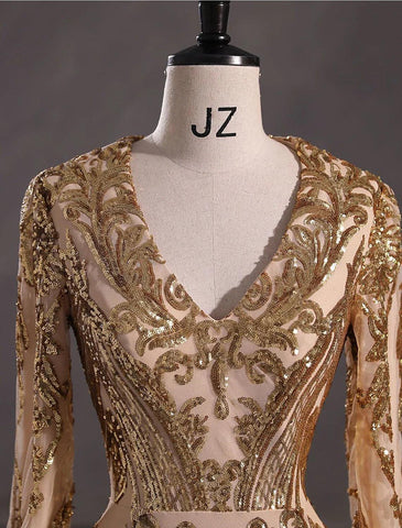 Vestido de noche corte sirena/trompeta, brillante y reluciente, ideal para carnaval, eventos formales, con cola, manga larga, escote en V, encaje afroamericano con lentejuelas.